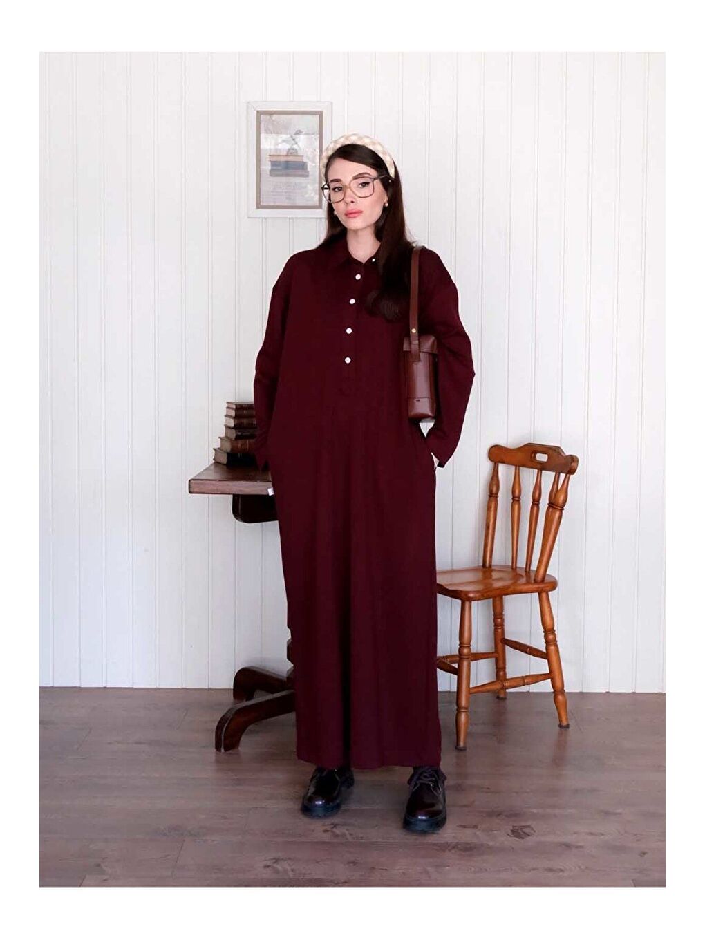 Bordo Düğme Detay Elbise