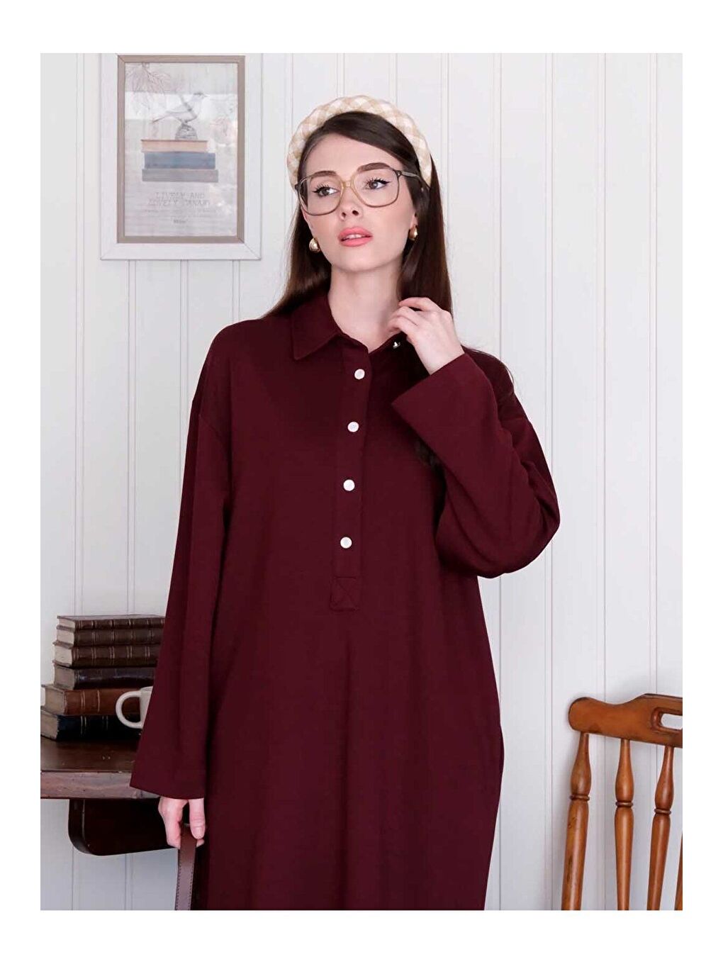 Bordo Düğme Detay Elbise-1