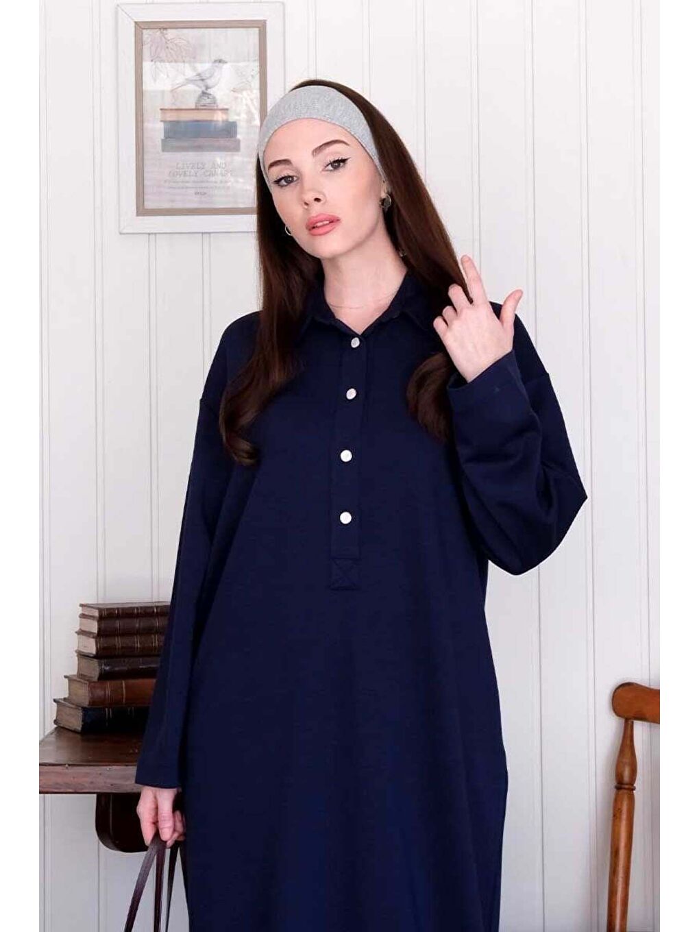 Lacivert Düğme Detay Elbise-4