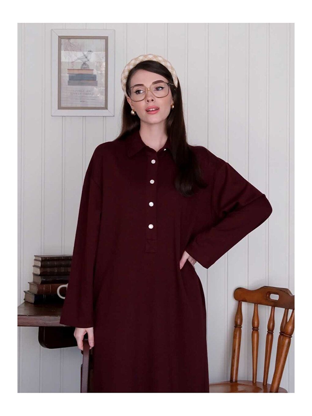Bordo Düğme Detay Elbise-2
