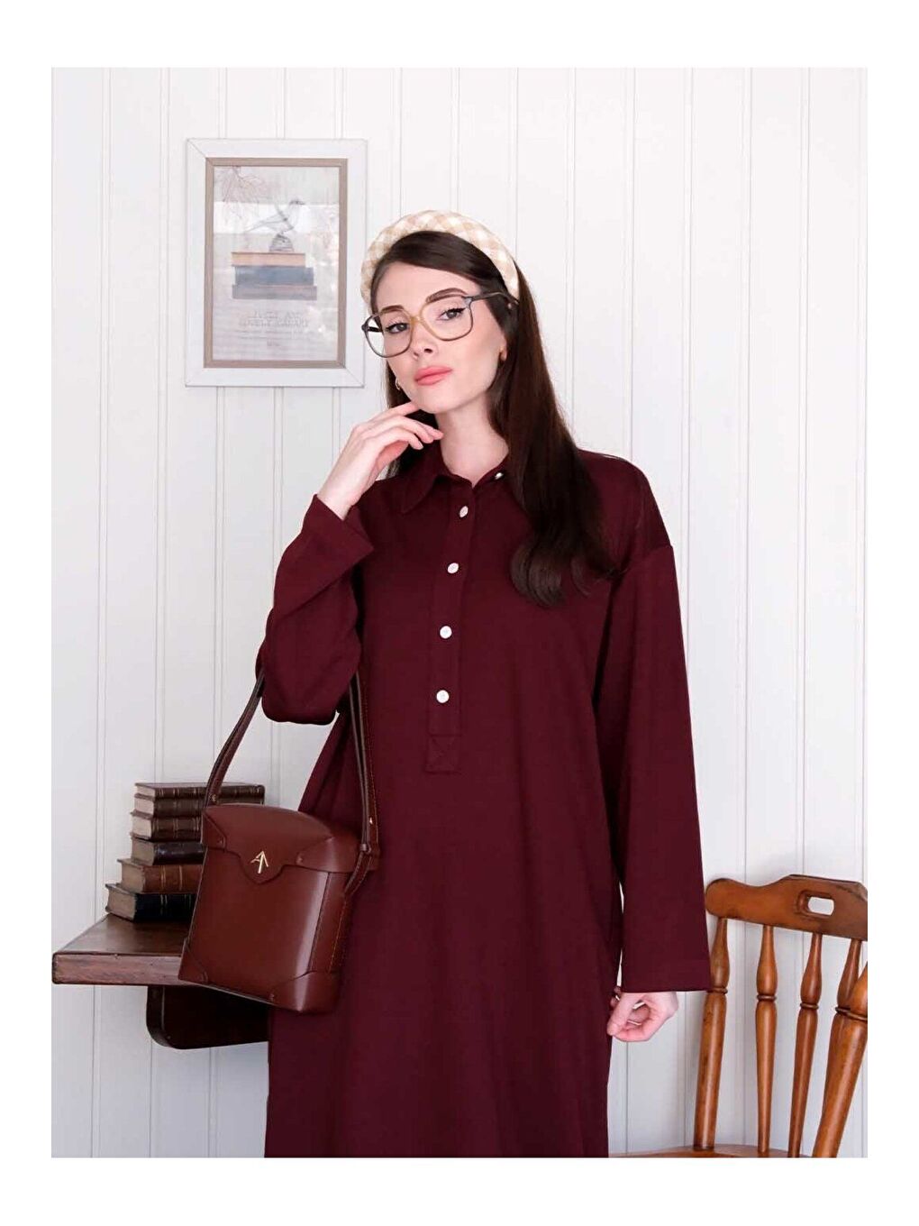 Bordo Düğme Detay Elbise-3