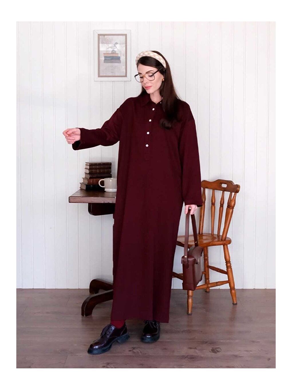 Bordo Düğme Detay Elbise-4