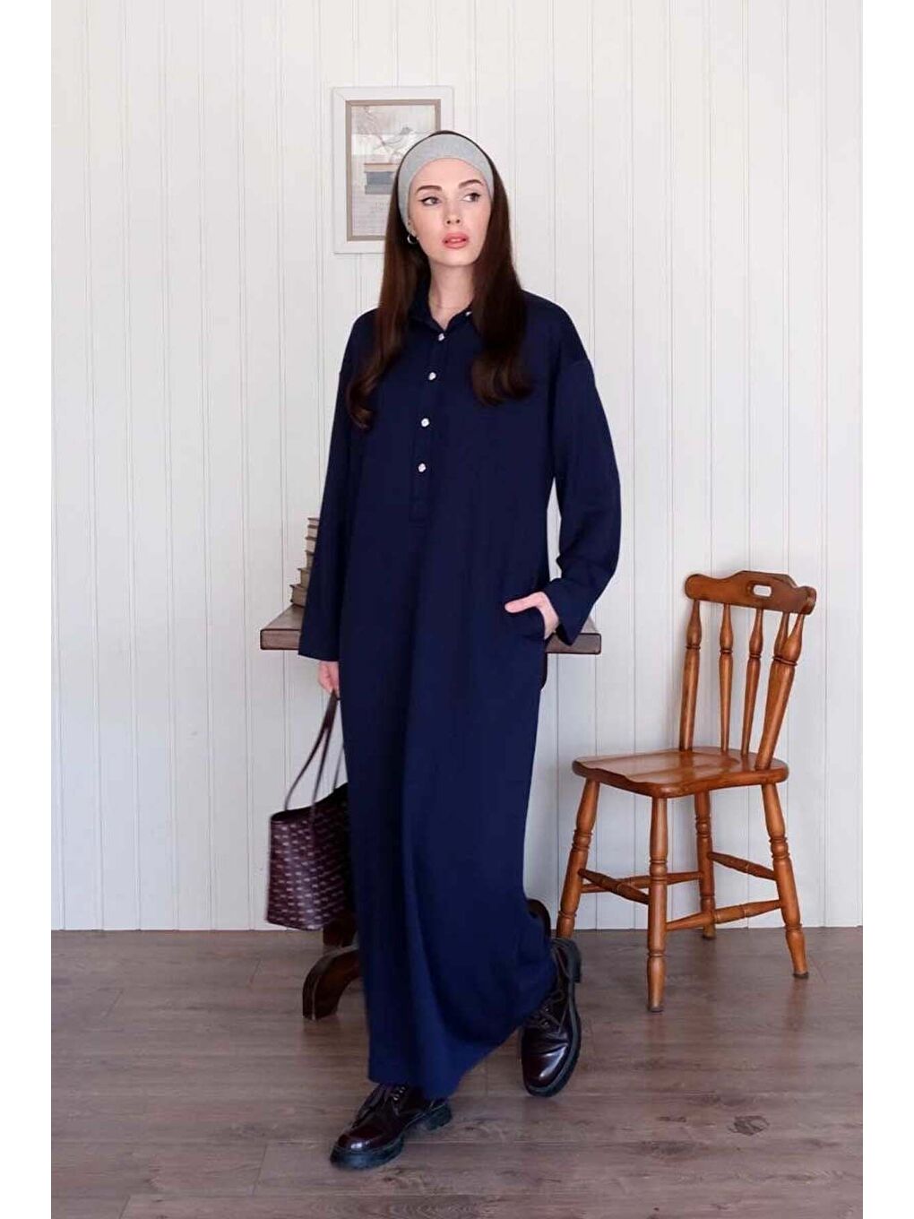 Lacivert Düğme Detay Elbise-5