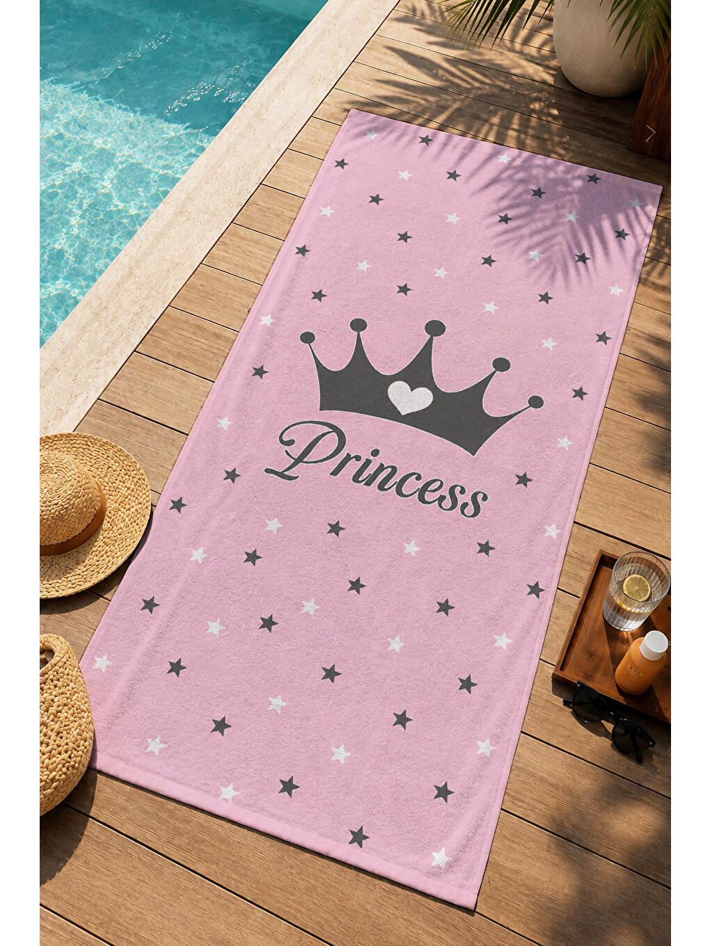Princess Yazılı Siyah Taçlı Pembe Yıldızlı Desenli 70x150 Plaj Havlusu - Pamuklu Banyo Havlusu-2