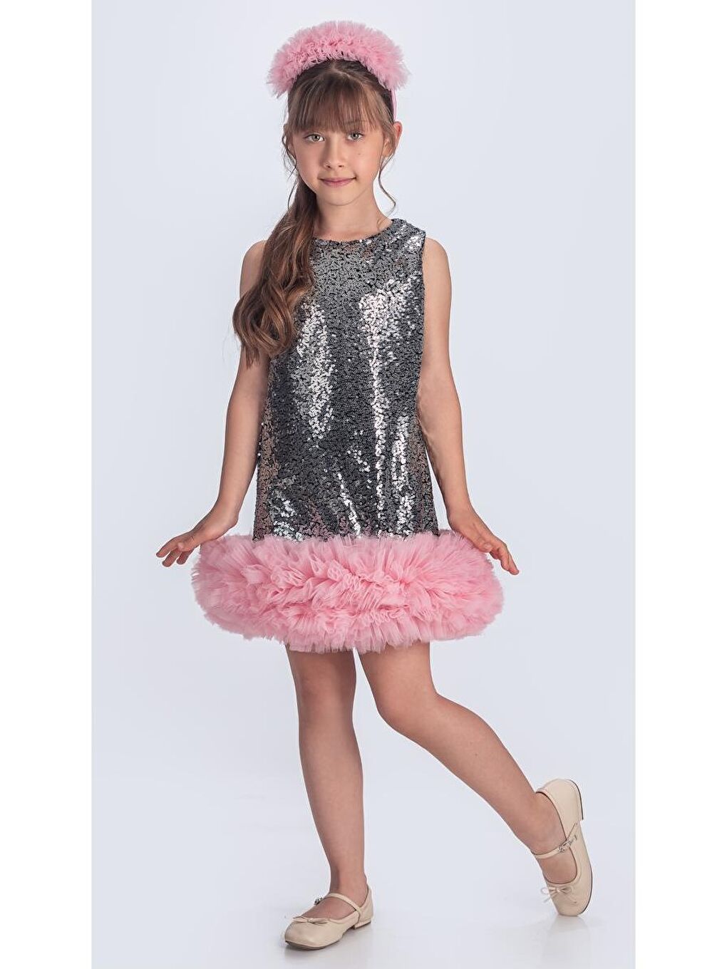 Gri Pul Payet İfestos Taçlı Tütü Çocuk Özel Abiye M00743-1