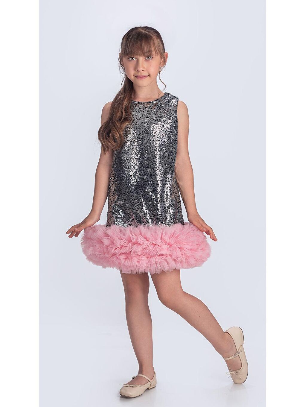 Gri Pul Payet İfestos Taçlı Tütü Çocuk Özel Abiye M00743-6