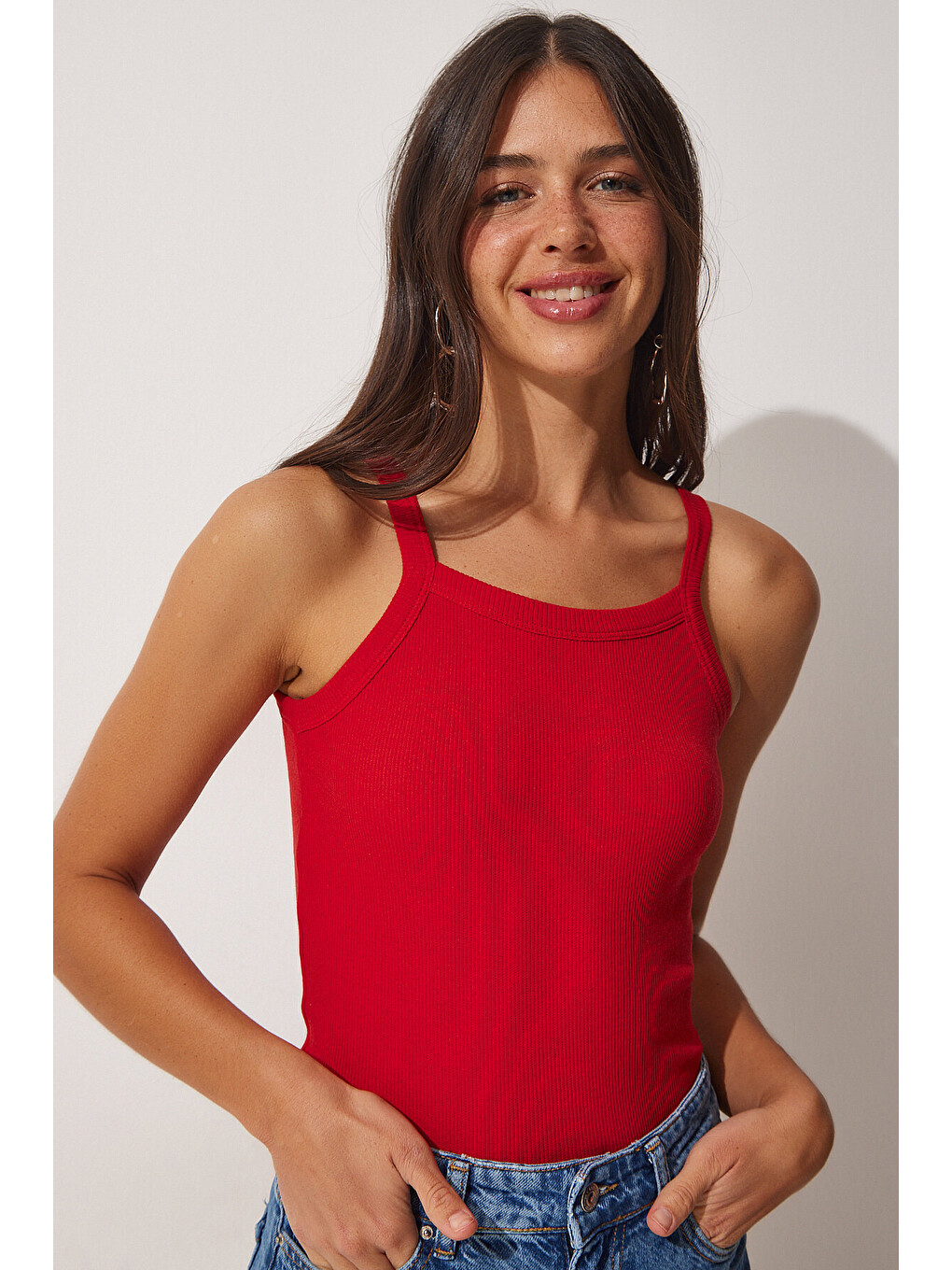 Kırmızı 2'li Fitilli Crop Halter Yaka Örme Atlet KIRMIZI BEYAZ LZV0003-4