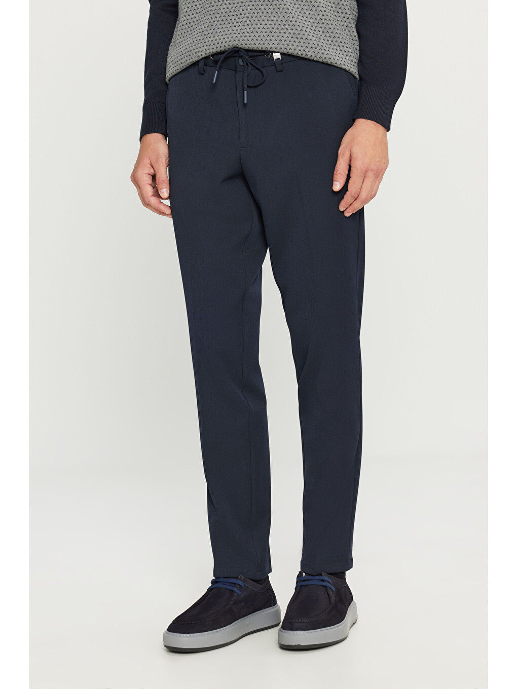 Erkek Lacivert Slim Fit Dar Kesim Beli Bağlamalı Yan Cepli Casual Esnek Pantolon