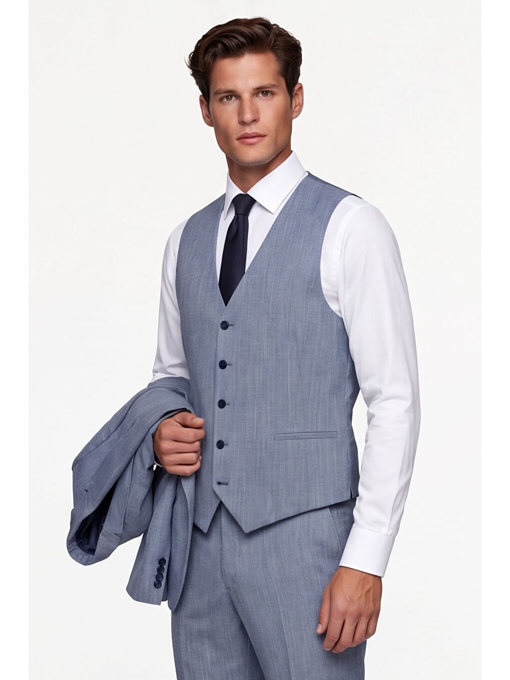 Giotelli Erkek Lacivert Dar Kesim Slim Fit Viskon 6 Drop Yelekli Takım Elbise
