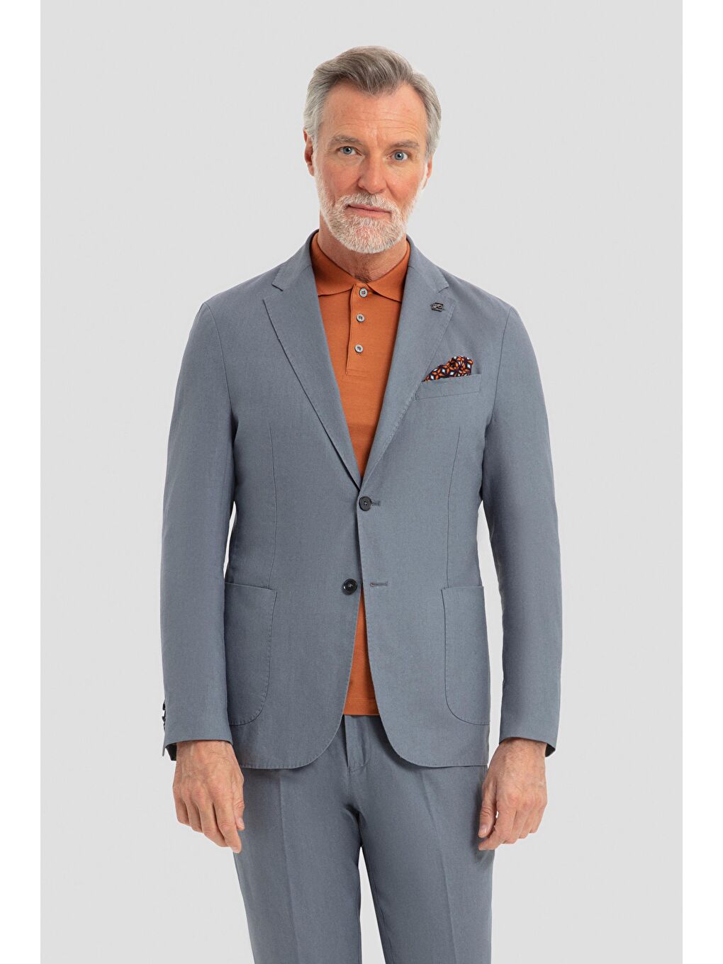 Erkek Gri Slim Fit %100 Keten Mono Yaka Lastikli Bel Takım Elbise