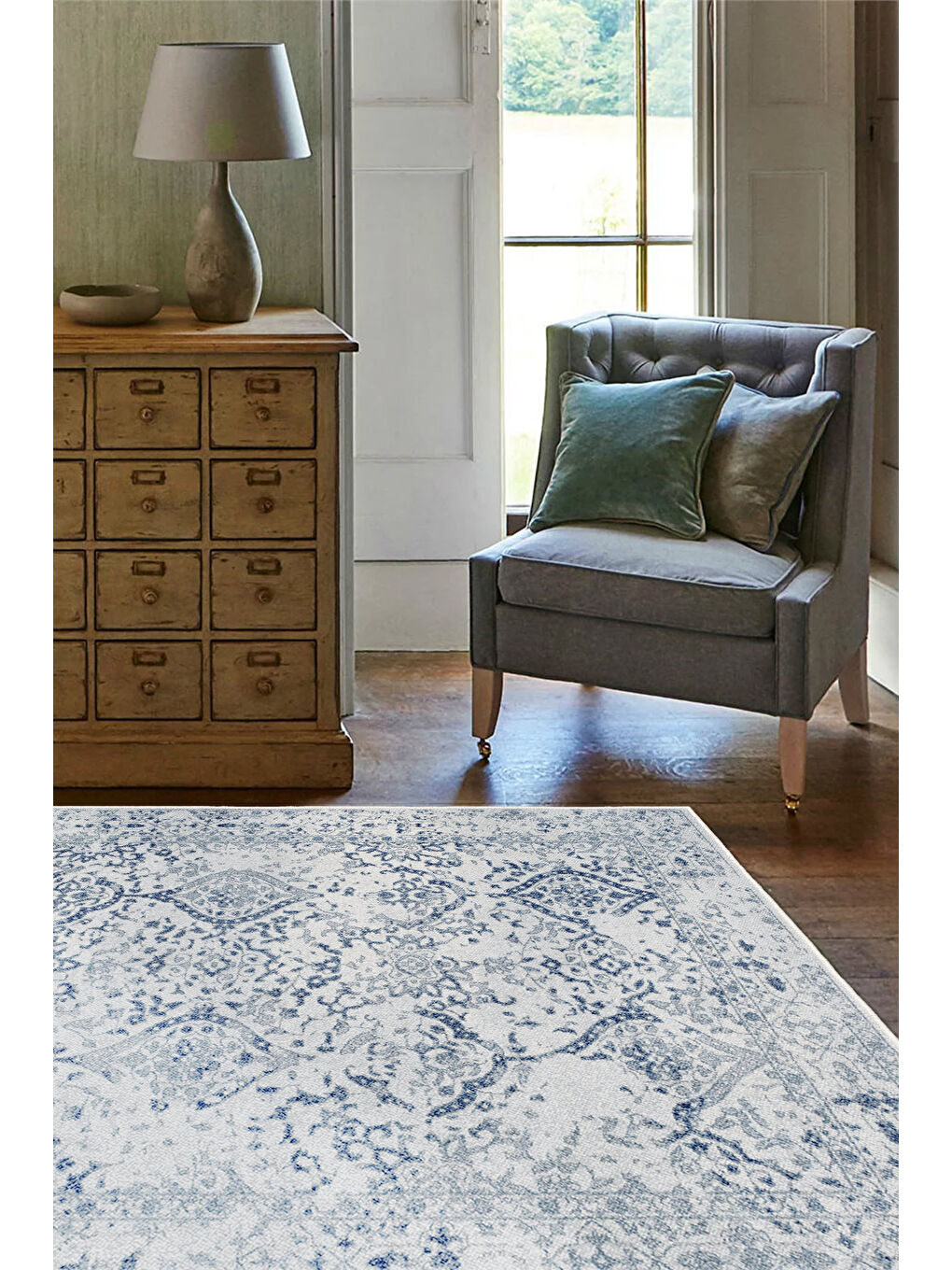 Mavi Dekoratif Özel Tasarım Yıkanabilir İnce Kaymaz Tabanlı Modern Halı KECE FR07-1