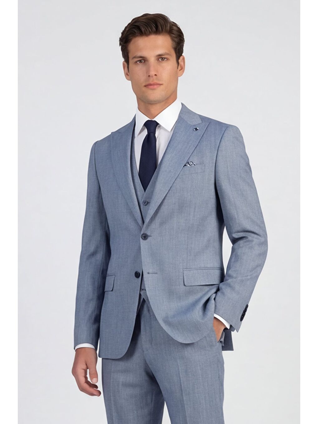 Giotelli Erkek Lacivert Dar Kesim Slim Fit Viskon 6 Drop Yelekli Takım Elbise-1