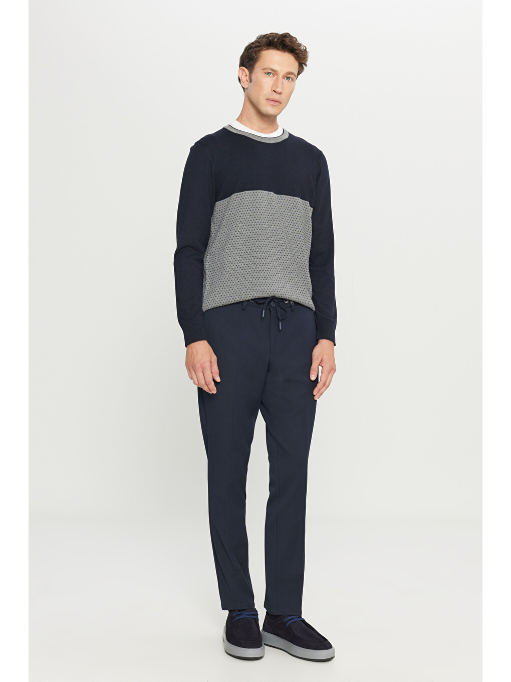 Erkek Lacivert Slim Fit Dar Kesim Beli Bağlamalı Yan Cepli Casual Esnek Pantolon-1