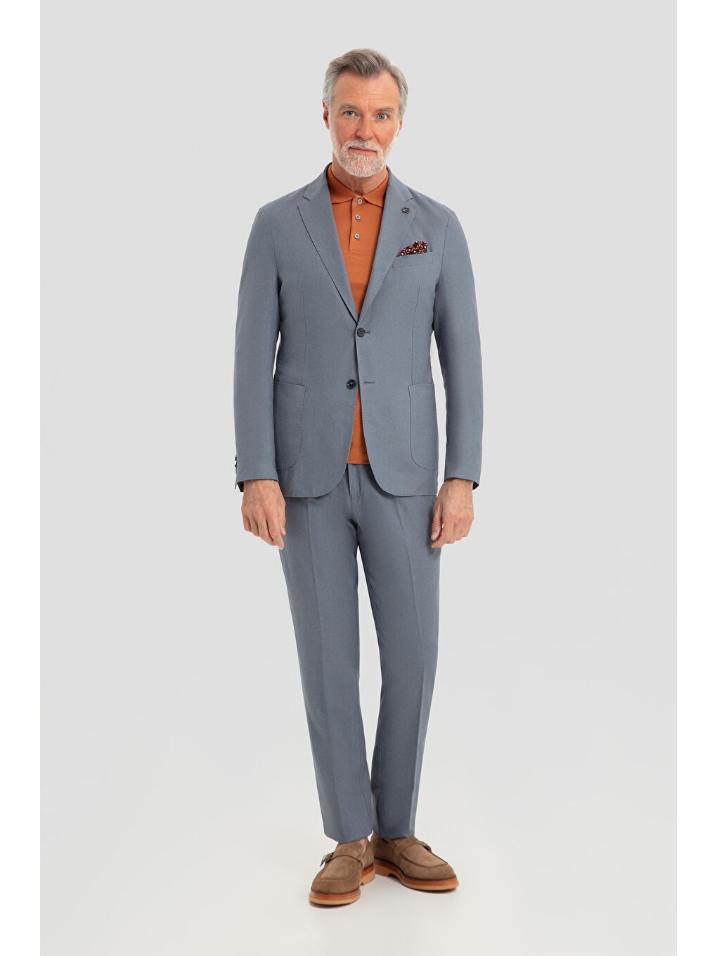 Erkek Gri Slim Fit %100 Keten Mono Yaka Lastikli Bel Takım Elbise-1