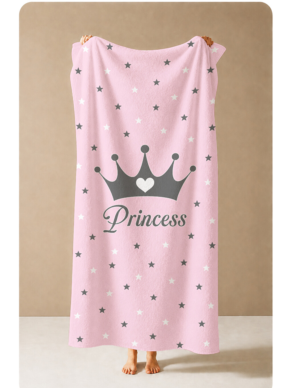 Princess Yazılı Siyah Taçlı Pembe Yıldızlı Desenli 70x150 Plaj Havlusu - Pamuklu Banyo Havlusu-3