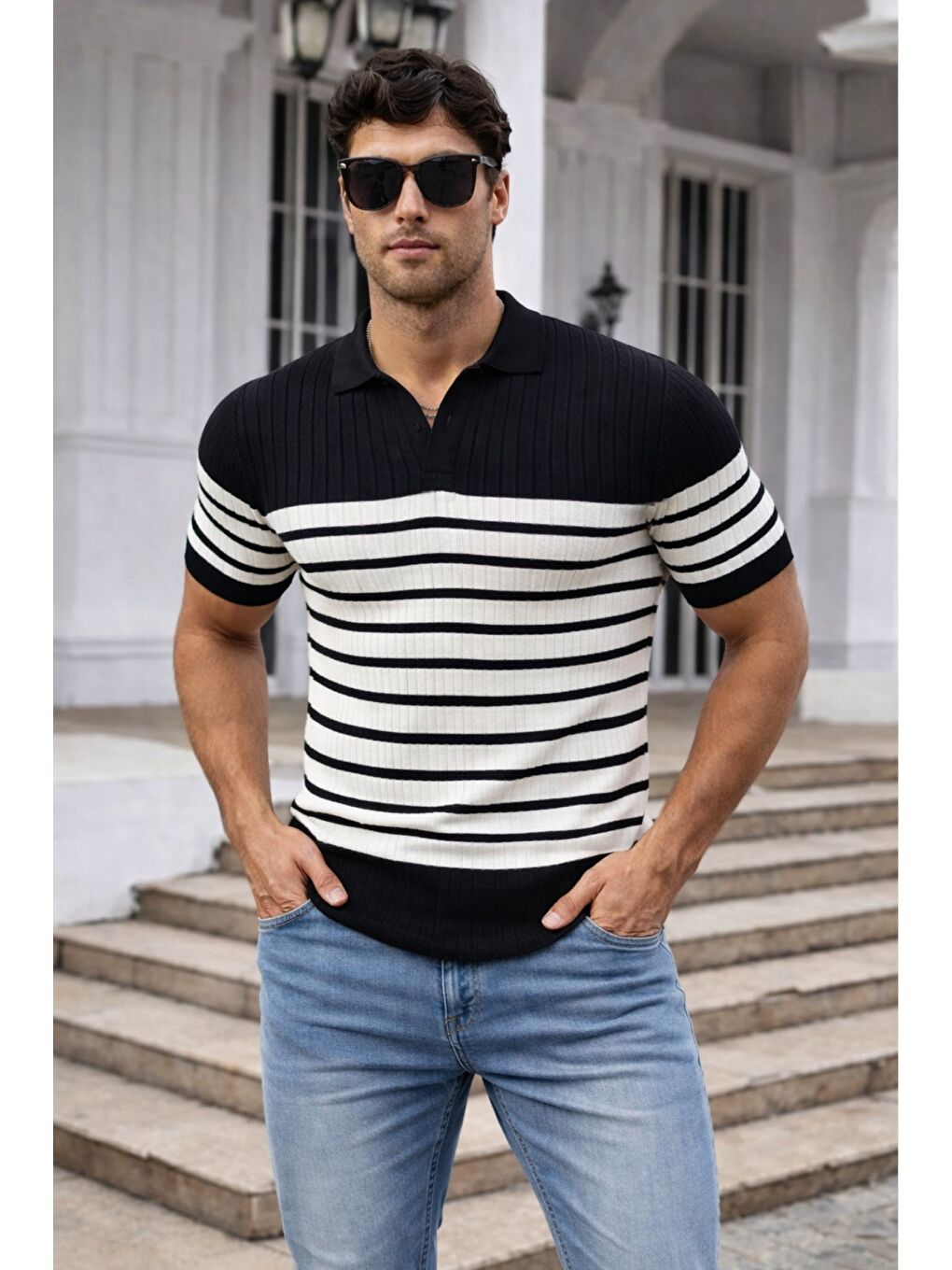 Siyah Erkek Çizgili Triko Polo Yaka Slim Fit T-Shirt
