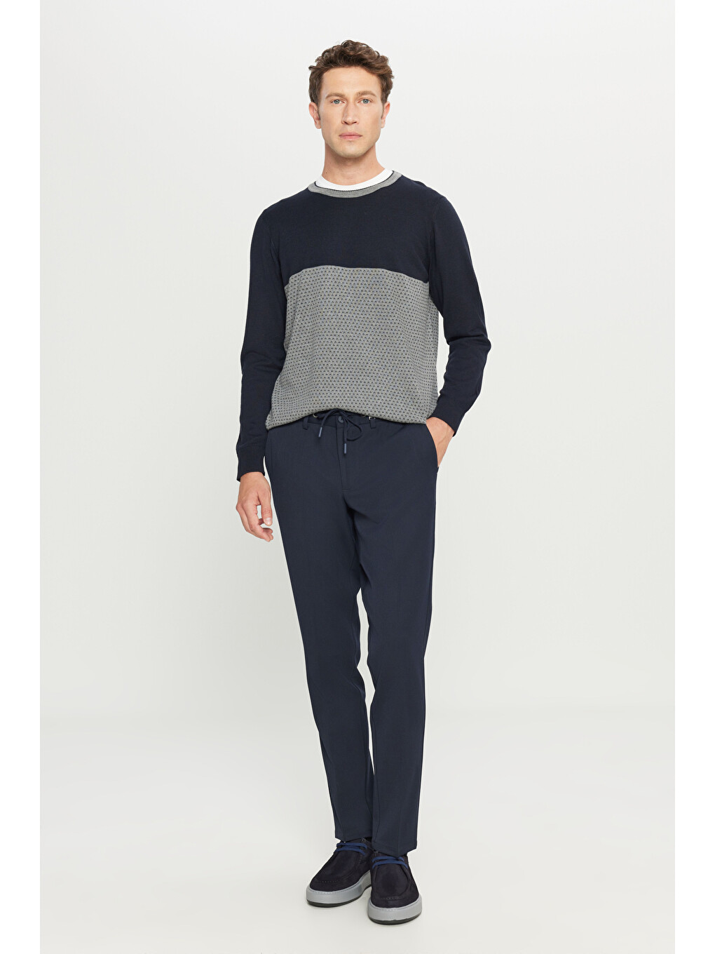 Erkek Lacivert Slim Fit Dar Kesim Beli Bağlamalı Yan Cepli Casual Esnek Pantolon-2