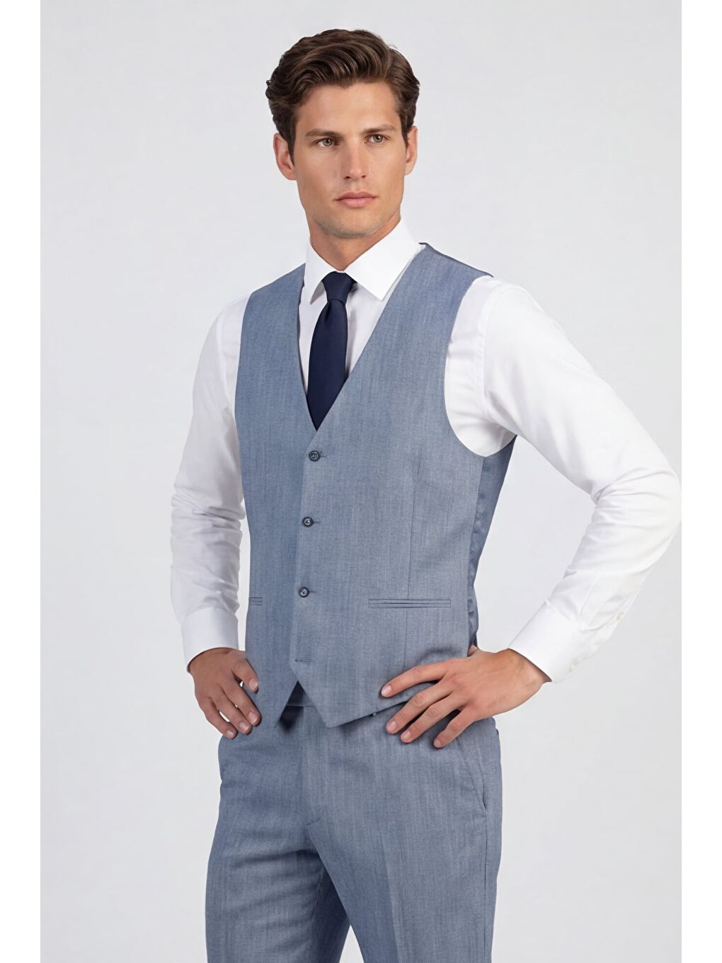 Giotelli Erkek Lacivert Dar Kesim Slim Fit Viskon 6 Drop Yelekli Takım Elbise-5