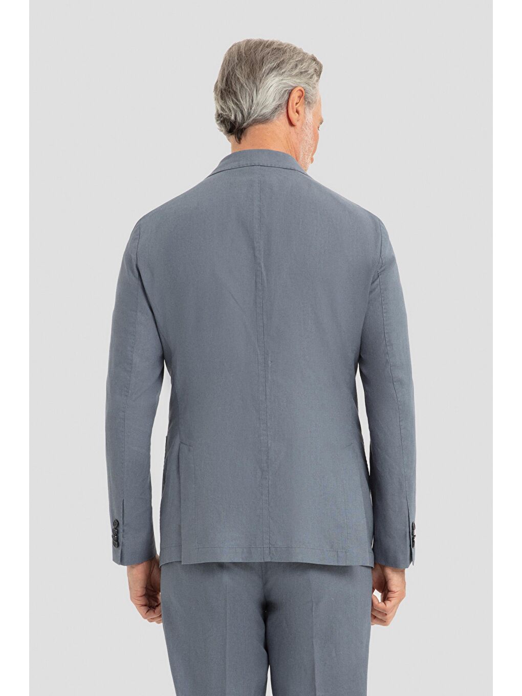 Erkek Gri Slim Fit %100 Keten Mono Yaka Lastikli Bel Takım Elbise-2