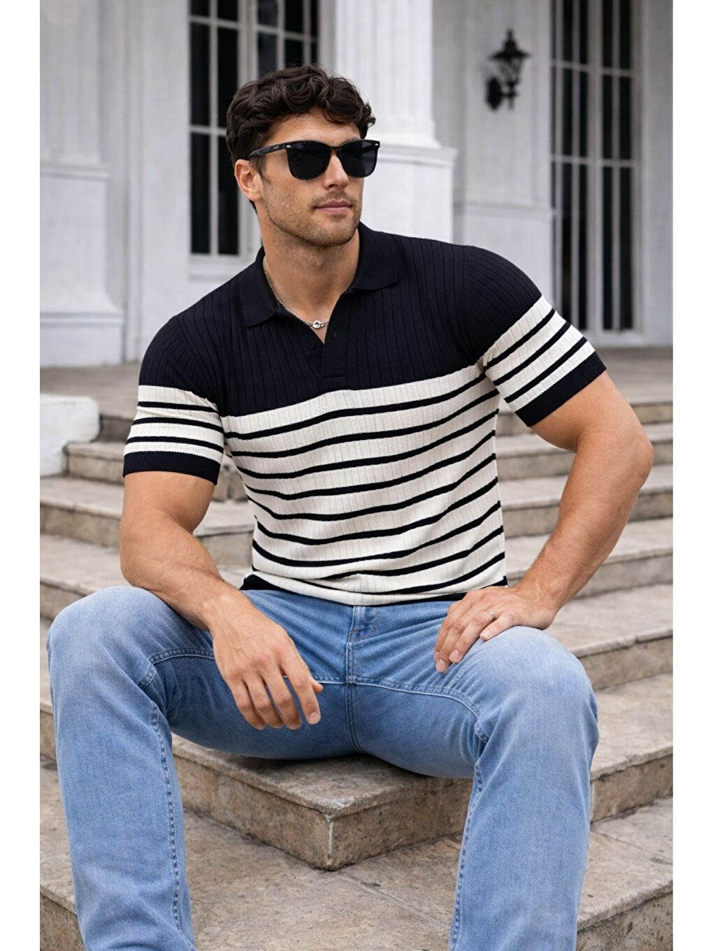 Siyah Erkek Çizgili Triko Polo Yaka Slim Fit T-Shirt-1