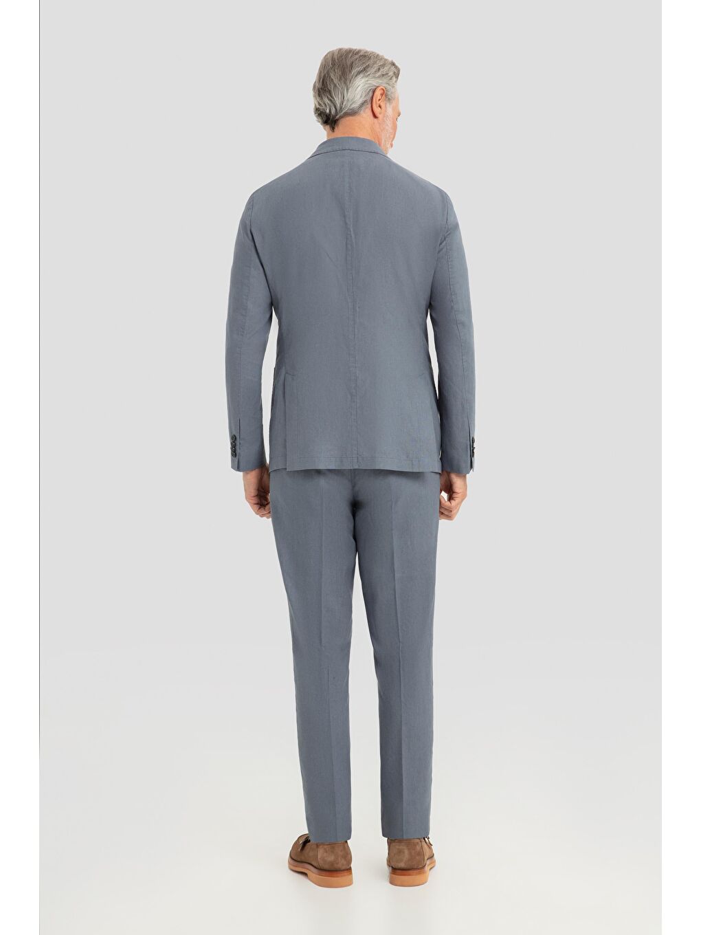 Erkek Gri Slim Fit %100 Keten Mono Yaka Lastikli Bel Takım Elbise-3