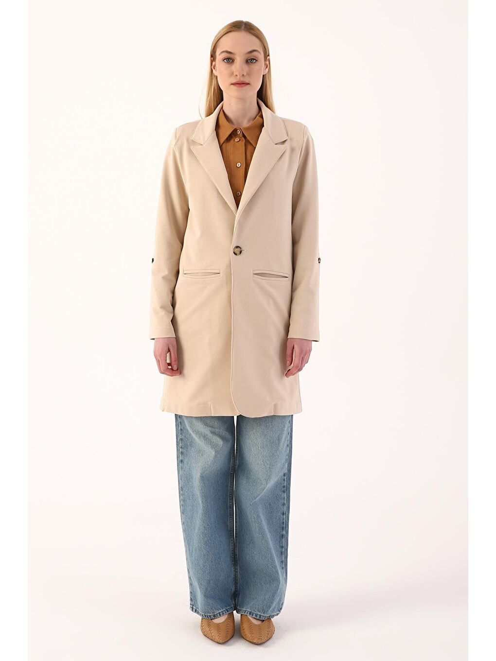 Bej Bisküvi Tek Düğmeli Penye Ceket-1