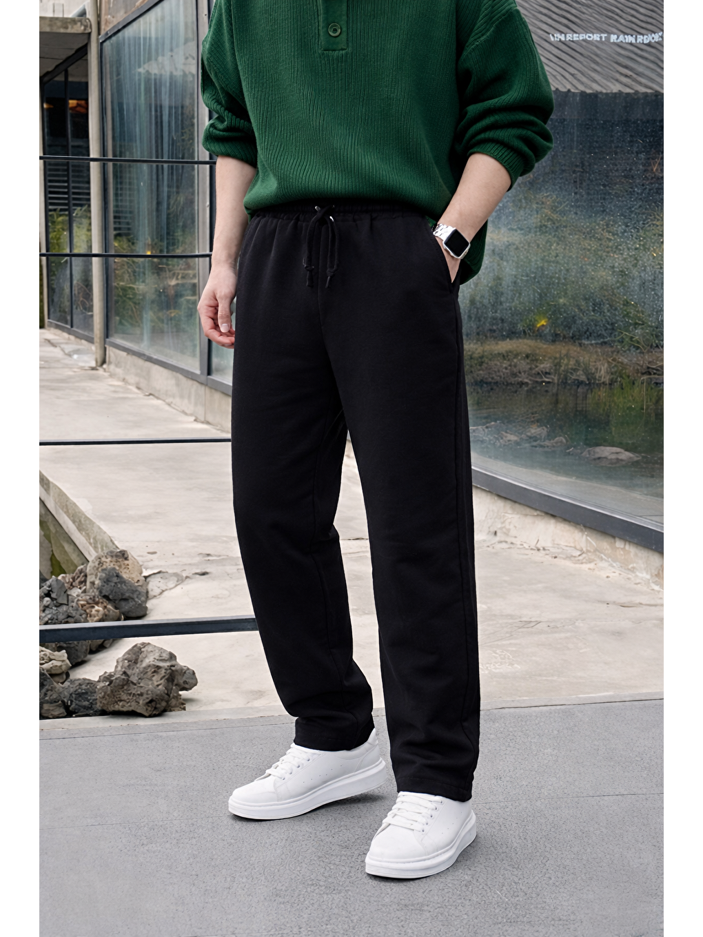 Erkek Lastikli Trend Basic Bol Siyah Keten Pantolon