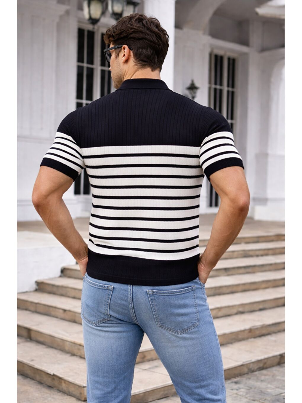 Siyah Erkek Çizgili Triko Polo Yaka Slim Fit T-Shirt-2