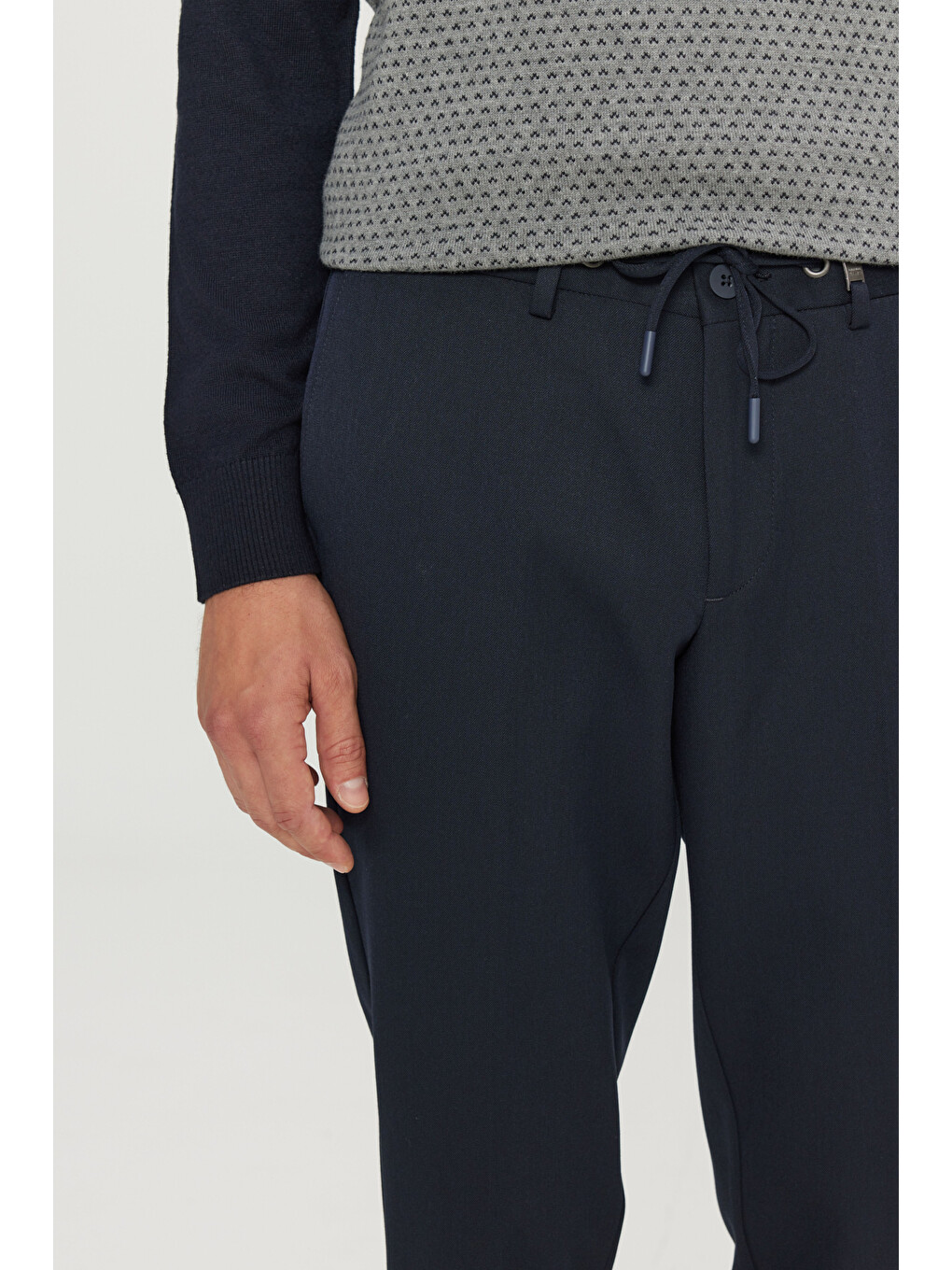 Erkek Lacivert Slim Fit Dar Kesim Beli Bağlamalı Yan Cepli Casual Esnek Pantolon-3