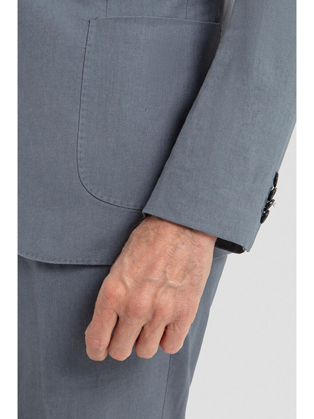 Erkek Gri Slim Fit %100 Keten Mono Yaka Lastikli Bel Takım Elbise-5