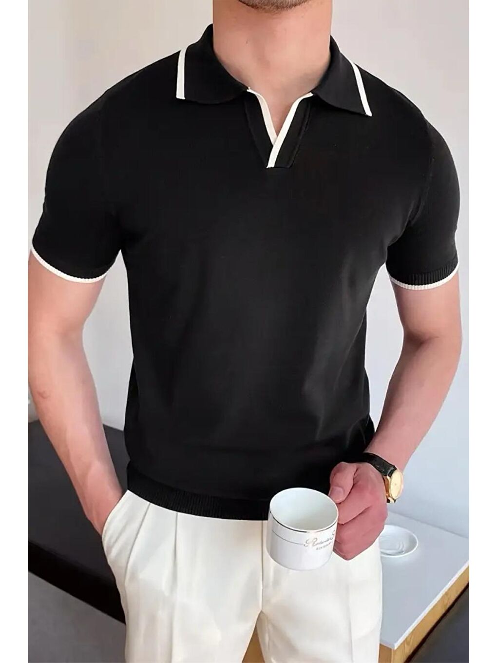Siyah Santos Yakası ve Kolu Şeritli Elastanlı Slim Fit Polo Yaka Örme Erkek Triko Tshirt
