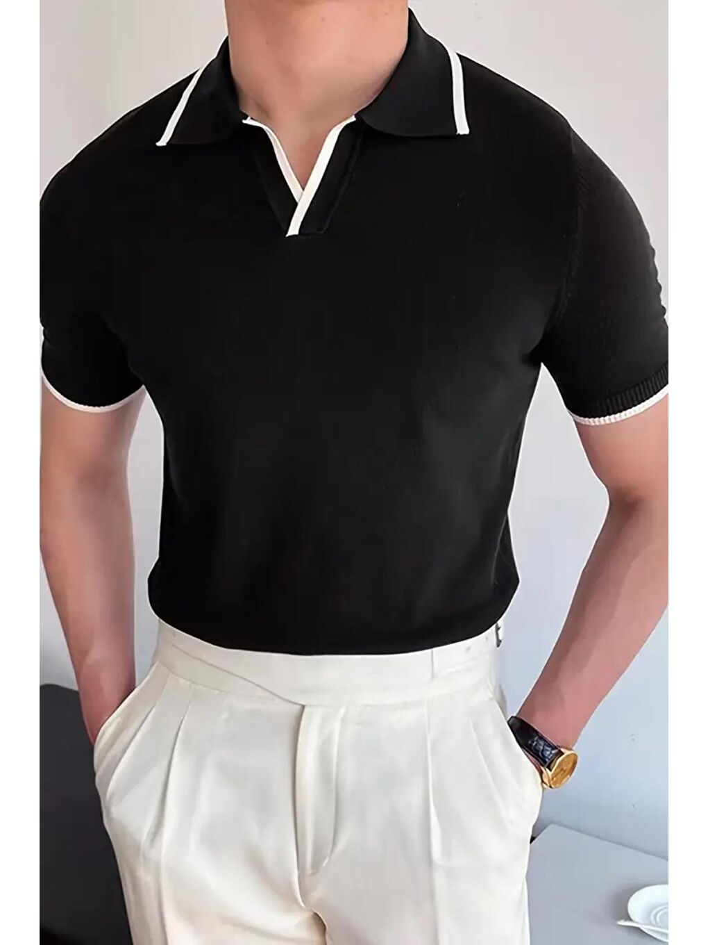 Siyah Santos Yakası ve Kolu Şeritli Elastanlı Slim Fit Polo Yaka Örme Erkek Triko Tshirt-1