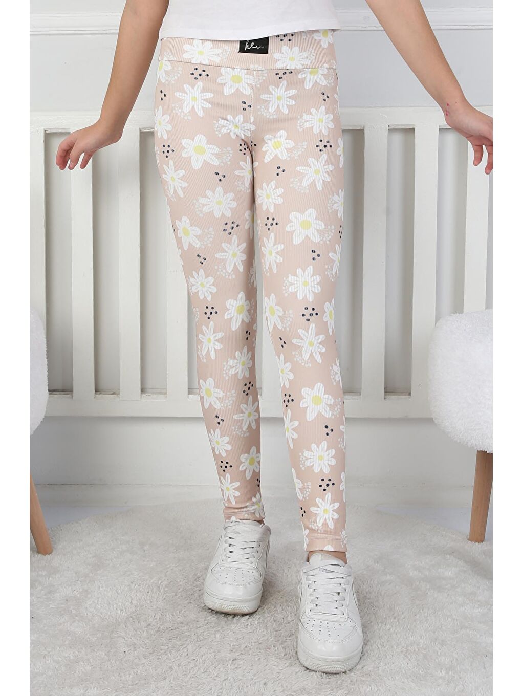 Kız Çocuk Bej Çiçekli Kız Çocuk Tayt - 26716-1