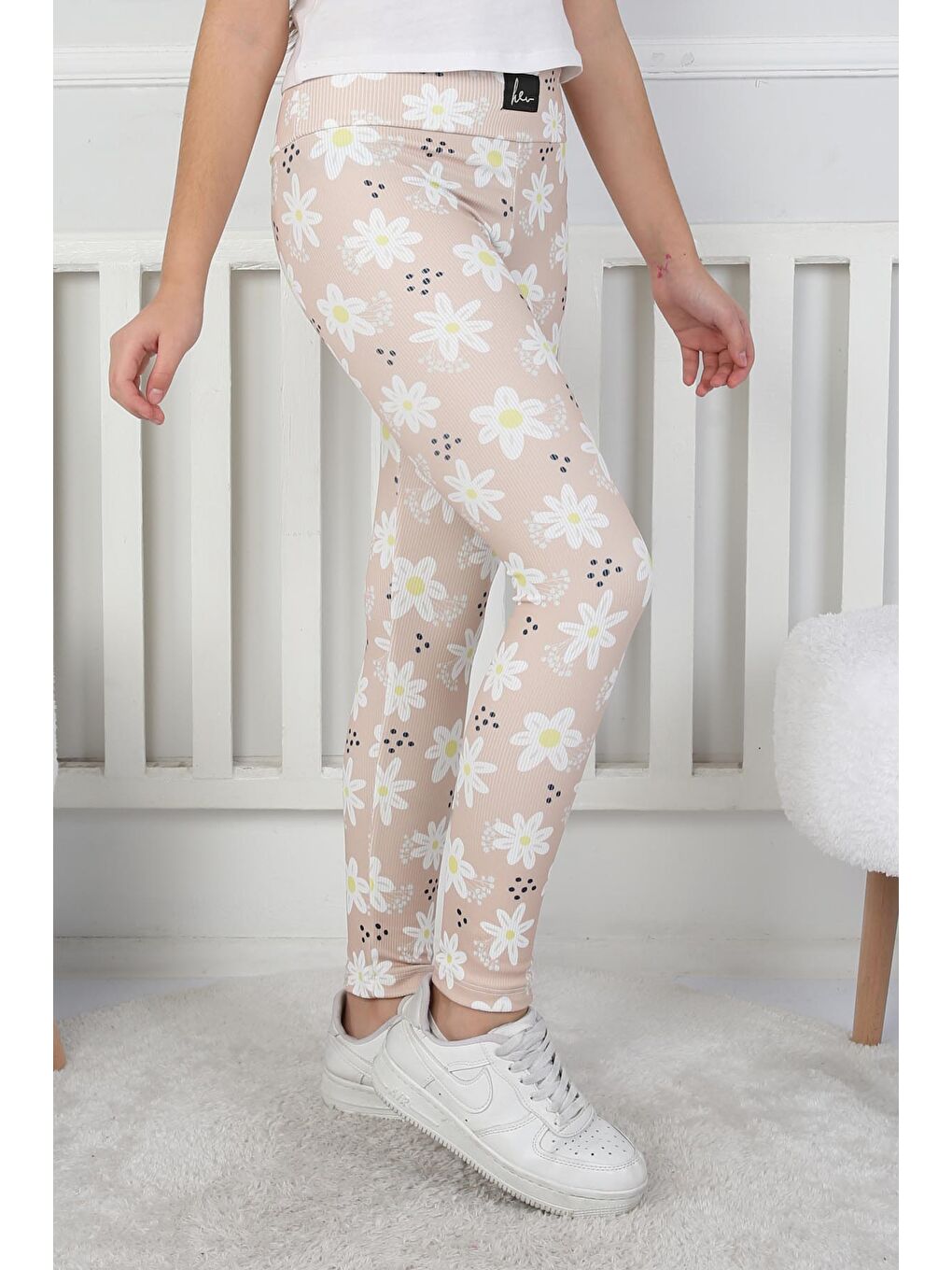 Kız Çocuk Bej Çiçekli Kız Çocuk Tayt - 26716-2