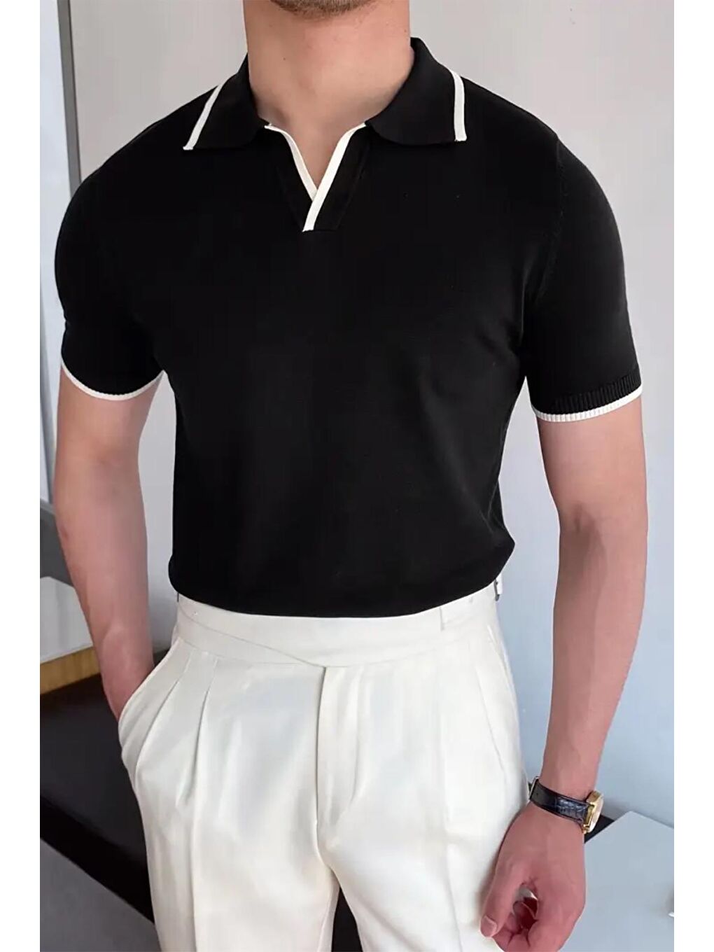 Siyah Santos Yakası ve Kolu Şeritli Elastanlı Slim Fit Polo Yaka Örme Erkek Triko Tshirt-3