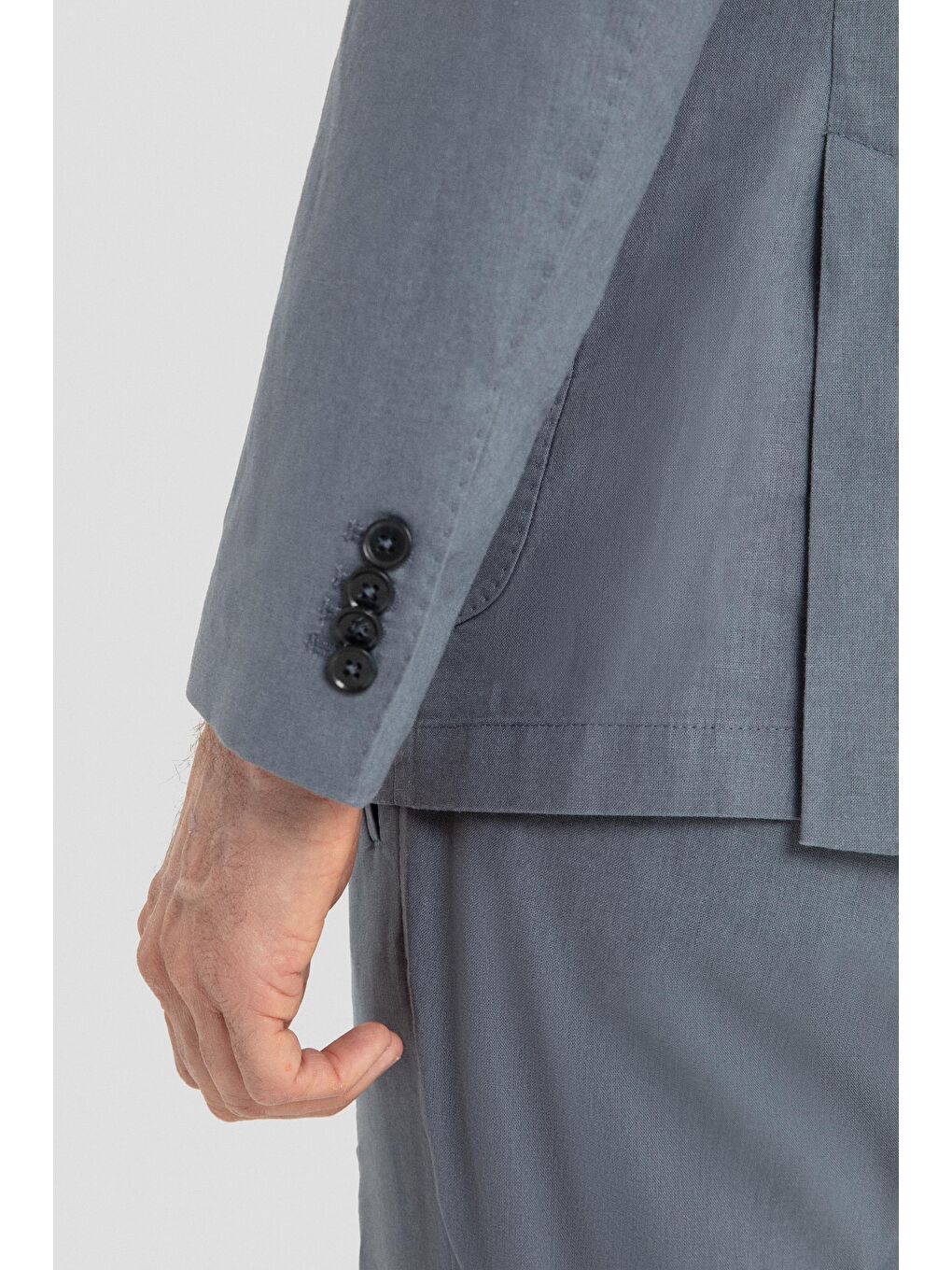 Erkek Gri Slim Fit %100 Keten Mono Yaka Lastikli Bel Takım Elbise-6