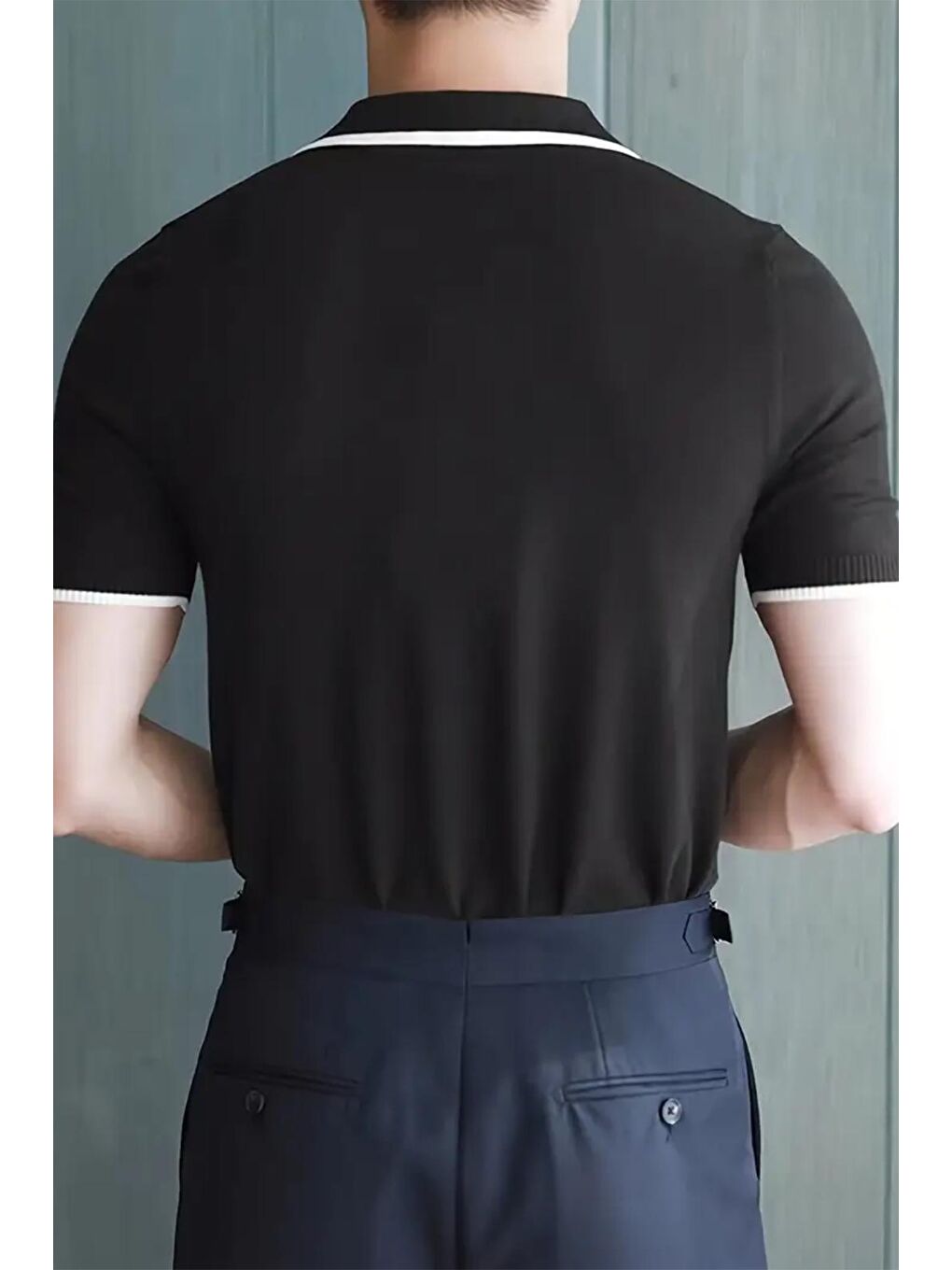 Siyah Santos Yakası ve Kolu Şeritli Elastanlı Slim Fit Polo Yaka Örme Erkek Triko Tshirt-4
