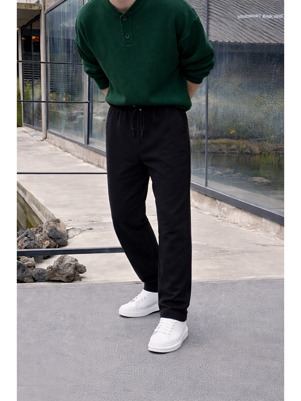 Erkek Lastikli Trend Basic Bol Siyah Keten Pantolon-1