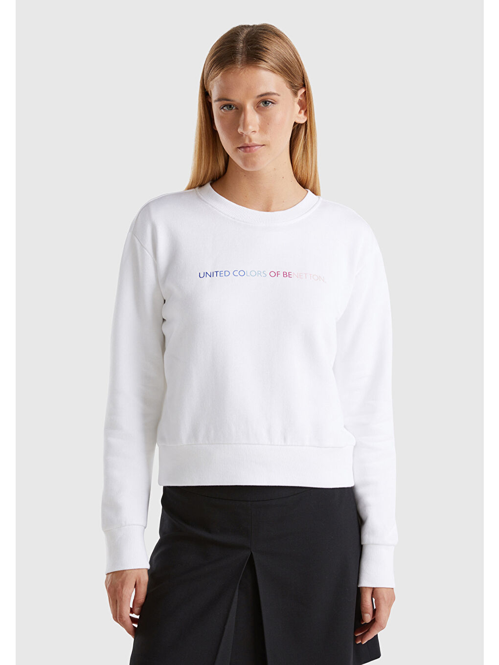 United Colors Of Benetton Kadın Beyaz %100 Pamuk Önü Logo Baskılı Ribanalı Bisiklet Yaka Sweatshirt