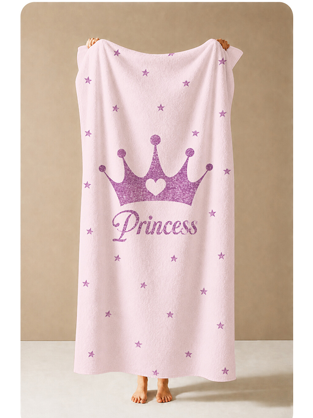 Princess Yazılı Mor Taç Pembe Desenli 70x150 Plaj Havlusu - Dijital Baskılı Solmaz Banyo Havlusu