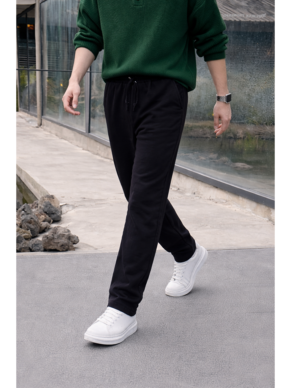 Erkek Lastikli Trend Basic Bol Siyah Keten Pantolon-2