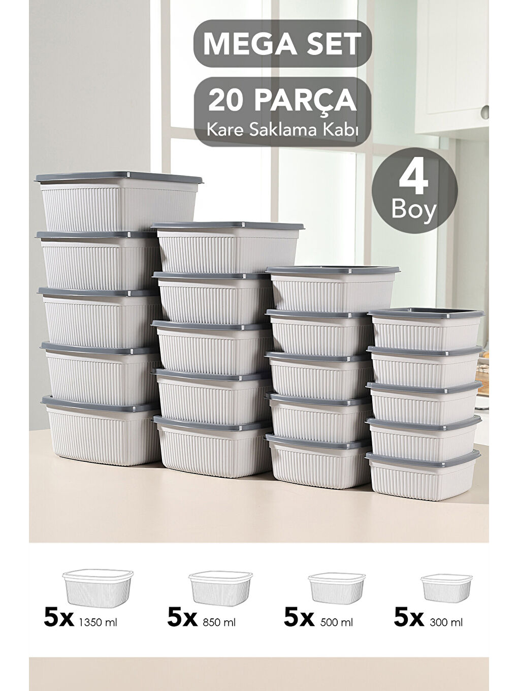 Gri 20'li Çizgili Kare Gıda Saklama Kabı Seti