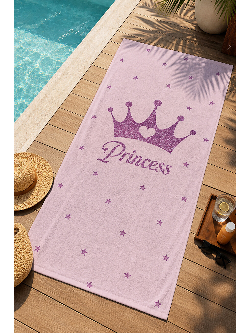 Princess Yazılı Mor Taç Pembe Desenli 70x150 Plaj Havlusu - Dijital Baskılı Solmaz Banyo Havlusu-1