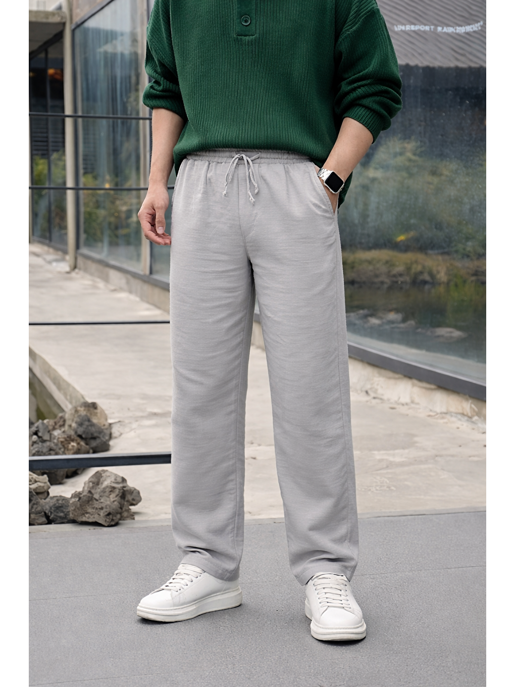 Erkek Lastikli Trend Basic Bol Gri Keten Pantolon