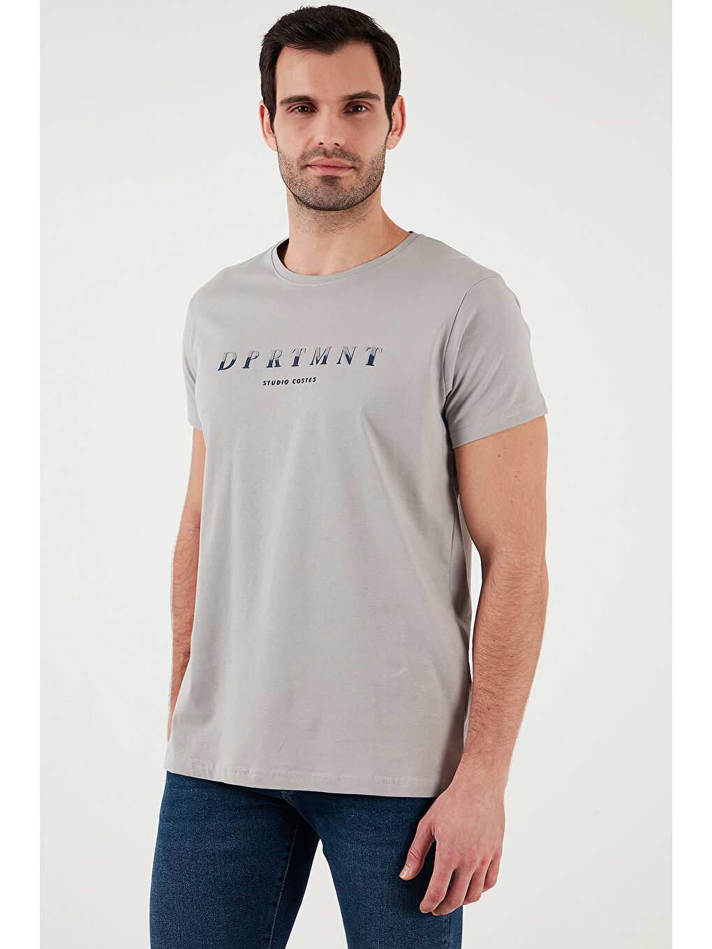 Gri Pamuklu Slim Fit Bisiklet Yaka Baskılı 3'lü Paket Tişört 541S31-2