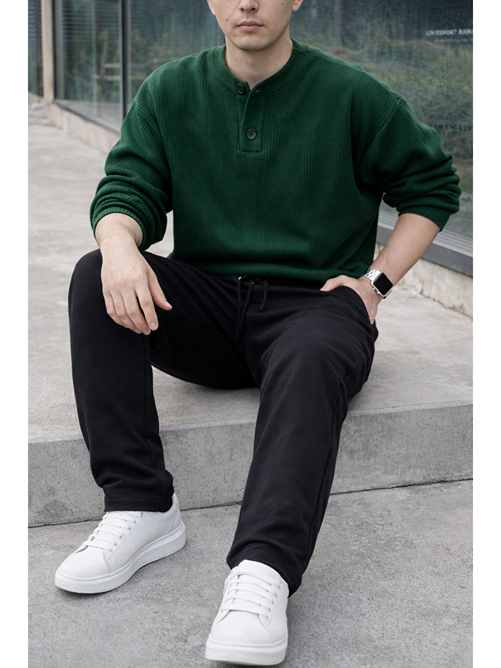 Erkek Lastikli Trend Basic Bol Siyah Keten Pantolon-3