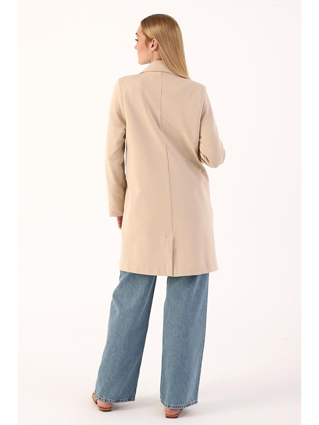 Bej Bisküvi Tek Düğmeli Penye Ceket-3