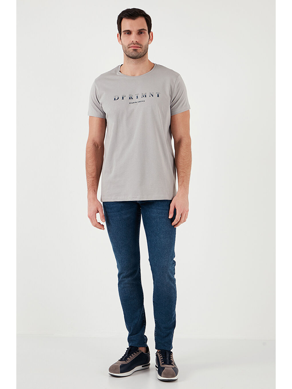 Gri Pamuklu Slim Fit Bisiklet Yaka Baskılı 3'lü Paket Tişört 541S31-4