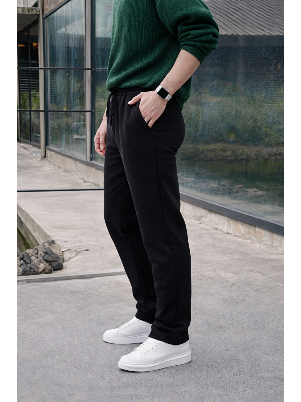 Erkek Lastikli Trend Basic Bol Siyah Keten Pantolon-4