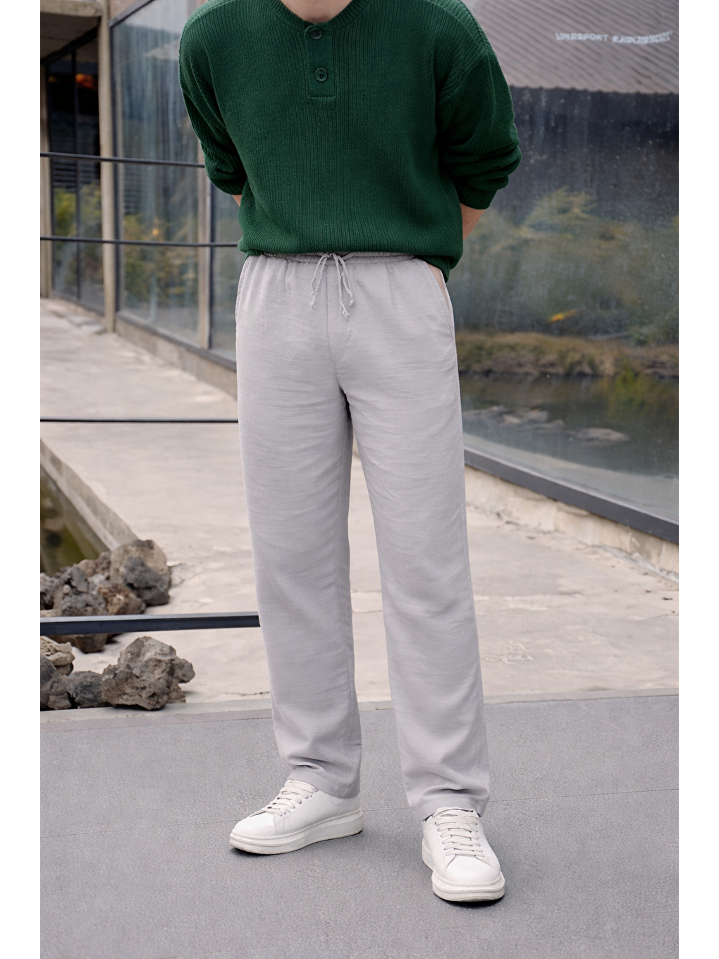 Erkek Lastikli Trend Basic Bol Gri Keten Pantolon-1